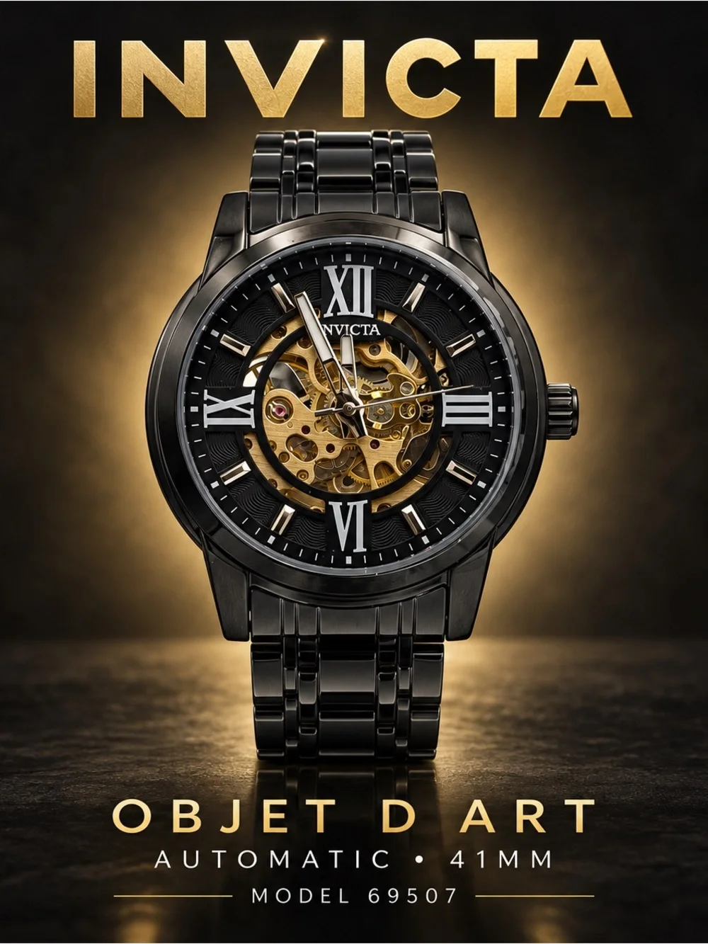 Invicta Objet D Art 69507 Black Skeleton Automatic Watch 41mm NWT